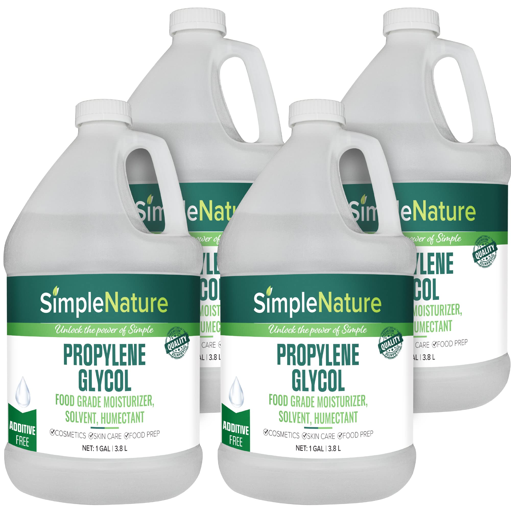 Food Grade Propylene Glycol - 99.9% Purity - 4 Gallons (1 Gallon, 4 Pack) - Ecofriendly, Non-GMO Moisturizer, Solvent, Emulsifier, Humectant - Soaps, Lotions, Antifreeze, Fog Machines