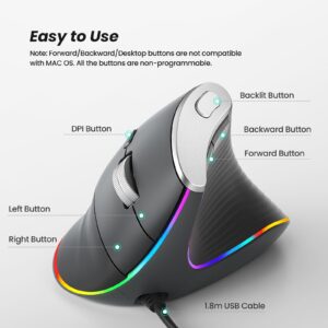 Nulea M504 Wired Vertical Mouse, USB Ergonomic Optical Mouse with 4 Adjustable DPI, 11 RGB Backlight Modes, Compatible for Laptop, PC, Desktop, Mac, Grey