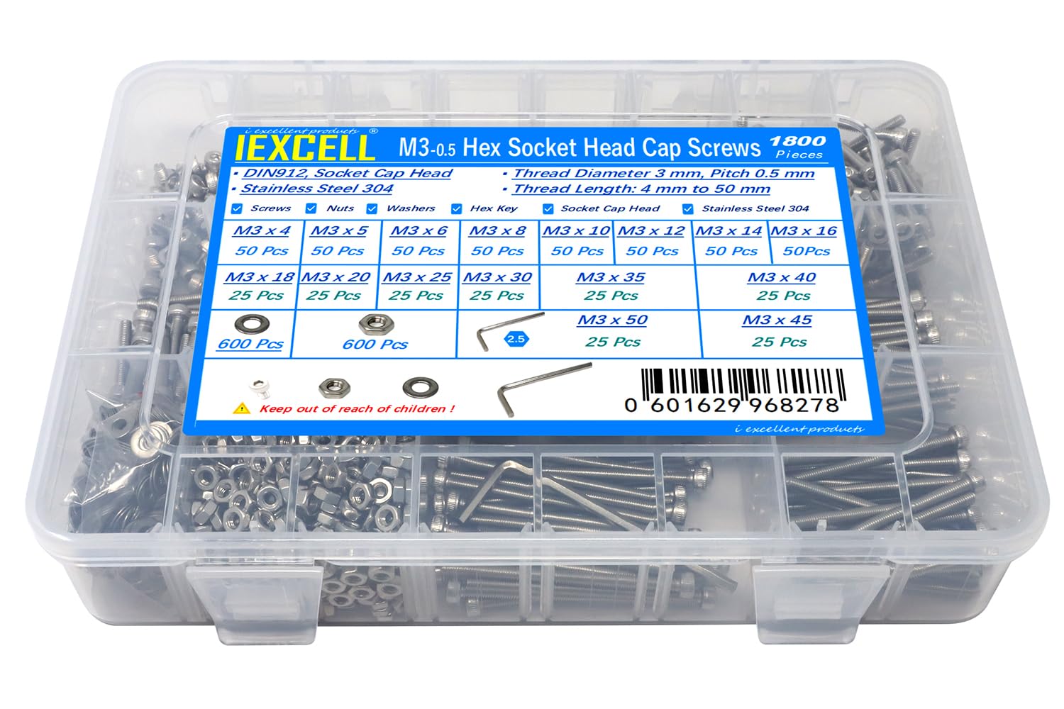 iexcell 1800 Pcs M3 x 4/5/6/8/10/12/14/16/18/20/25/30/35/40/45/50 Stainless Steel 304 Hex Socket Head Cap Screws Blots Nuts Washers Assortment Kit