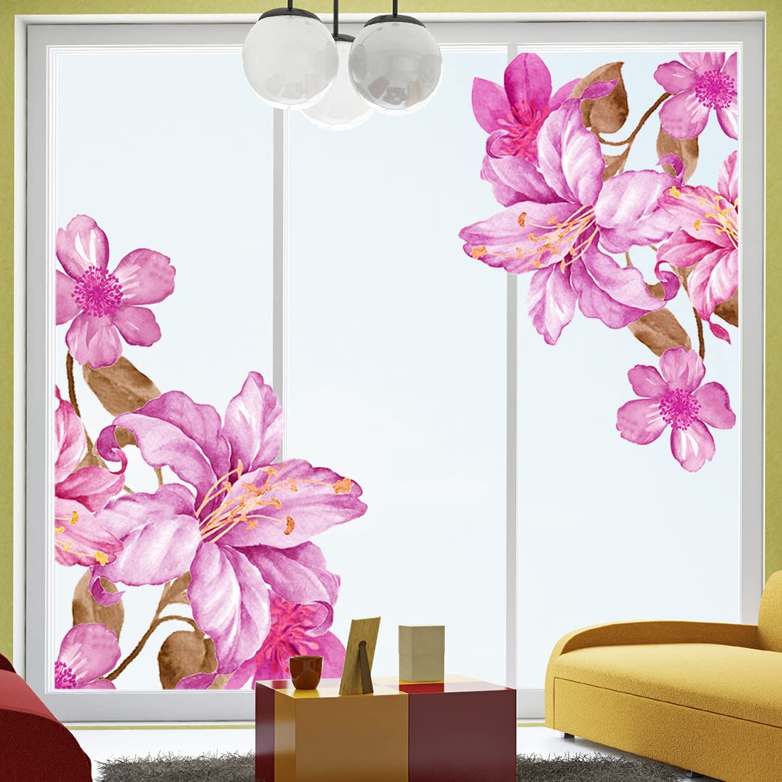 Giant Pink Flowers Wall Decals Lily Floral Wall Stickers DIY Removable Large Peach Blossom Brown Leaf Wall Art Decor for Kids Girls Bedroom Living Room Nursery Playroom Office Decoration DT-129