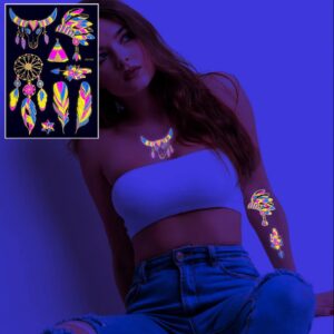 Neon Metallic Gold Temporary Tattoos Glow In The Dark UV Neon Tattoos Stickers 80 Glitter Styles Mandalas Feather Elephants Horns Party Decoration for Adults Kids