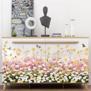 2 Sheets Yellow Daisies Flowers Wall Decals Small Fresh White Chrysanthemum Wall Stickers Pink Gypsophila Wall Art Murals for Baby Kids Girls Bedroom Living Room Corners Skirting Lines Waist Lines