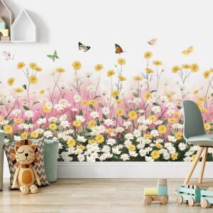 2 Sheets Yellow Daisies Flowers Wall Decals Small Fresh White Chrysanthemum Wall Stickers Pink Gypsophila Wall Art Murals for Baby Kids Girls Bedroom Living Room Corners Skirting Lines Waist Lines