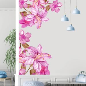 Giant Pink Flowers Wall Decals Lily Floral Wall Stickers DIY Removable Large Peach Blossom Brown Leaf Wall Art Decor for Kids Girls Bedroom Living Room Nursery Playroom Office Decoration DT-129