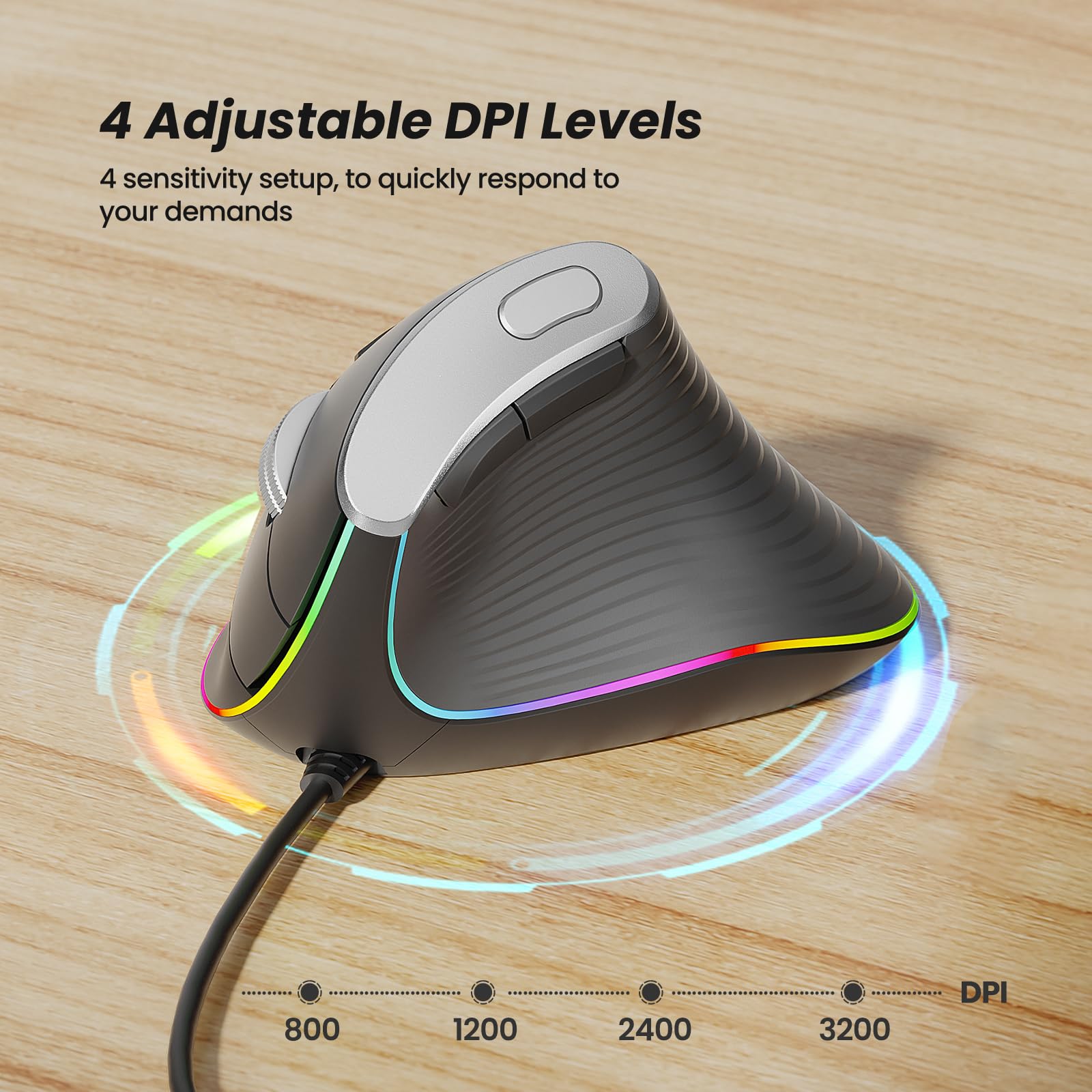 Nulea M504 Wired Vertical Mouse, USB Ergonomic Optical Mouse with 4 Adjustable DPI, 11 RGB Backlight Modes, Compatible for Laptop, PC, Desktop, Mac, Grey