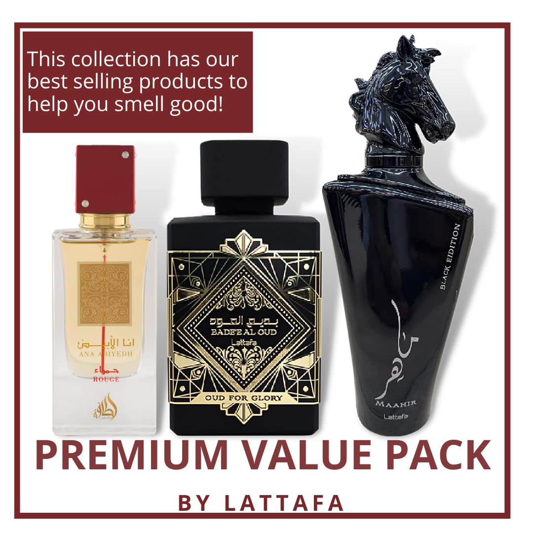 Lattafa Fakhar 3-Piece Set for Unisex, (3.4 Oz Bade'e Al Oud For Glory+ 3.4 Oz Ana Abiyedh Rouge + 3.4 Oz Maahir Black Edition)