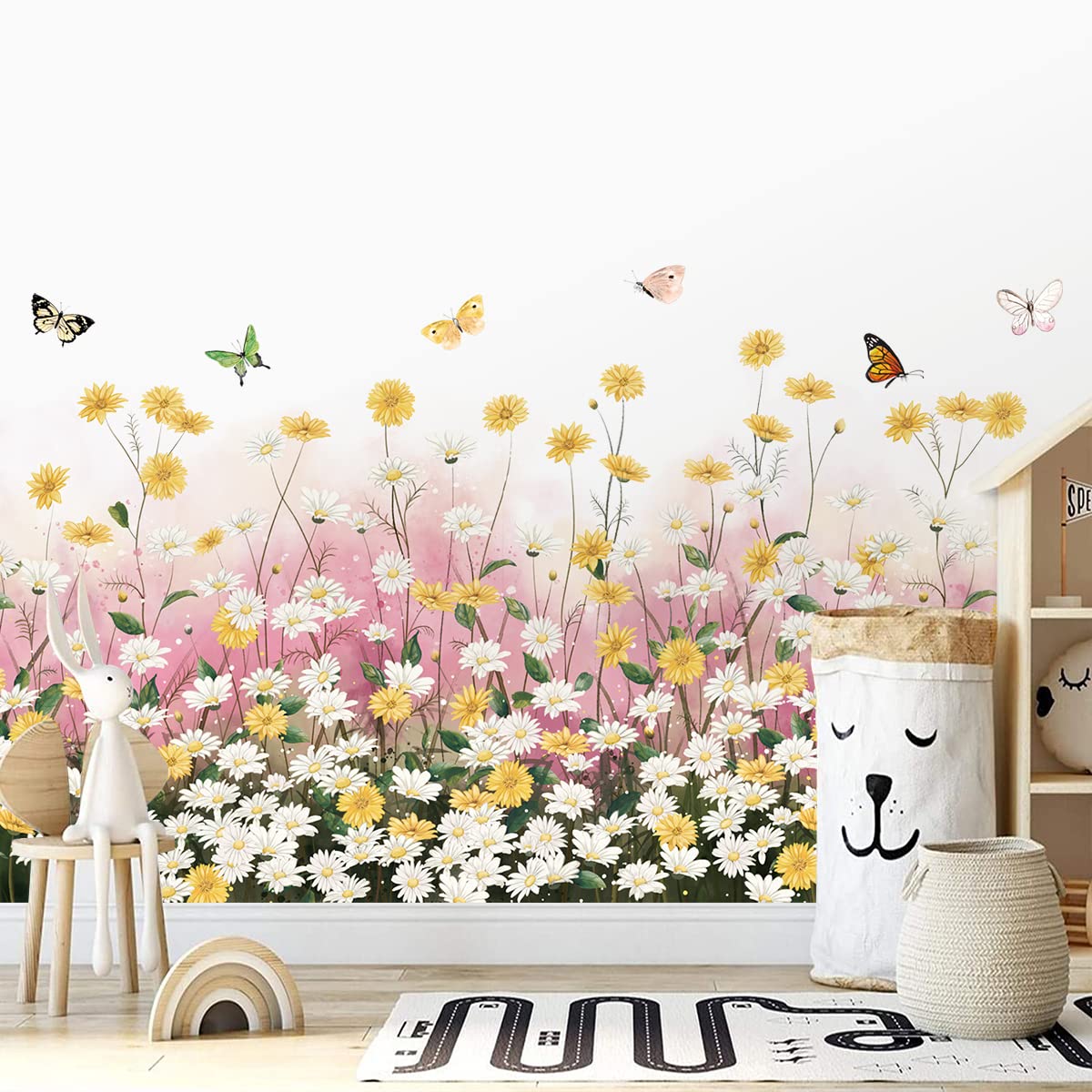 2 Sheets Yellow Daisies Flowers Wall Decals Small Fresh White Chrysanthemum Wall Stickers Pink Gypsophila Wall Art Murals for Baby Kids Girls Bedroom Living Room Corners Skirting Lines Waist Lines