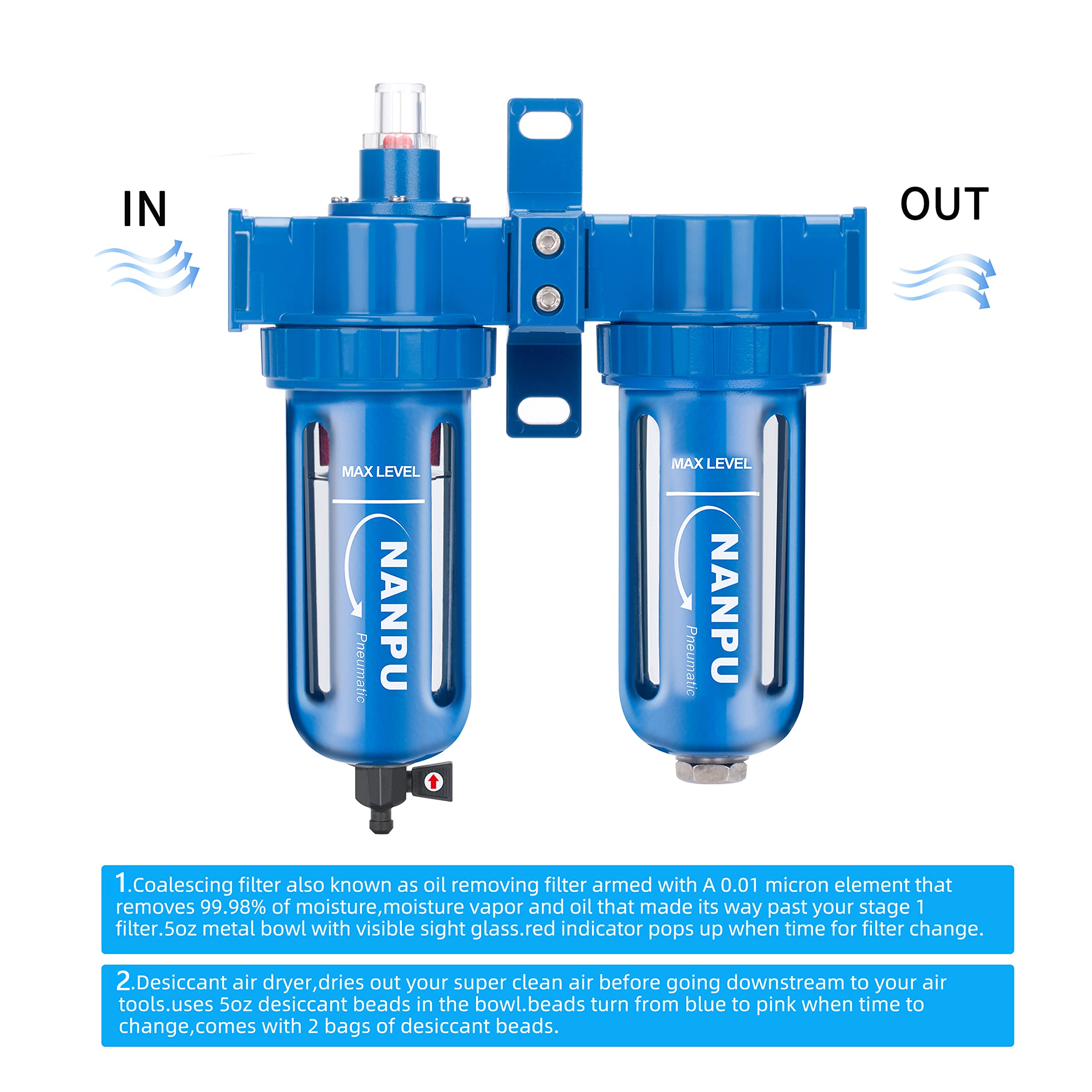 NANPU Zinc Alloy Coalescing Filter & Desiccant Dryer System, Poly Bowl, Suitable for Paint Spray & Plasma Cutter (1/2" NPT)