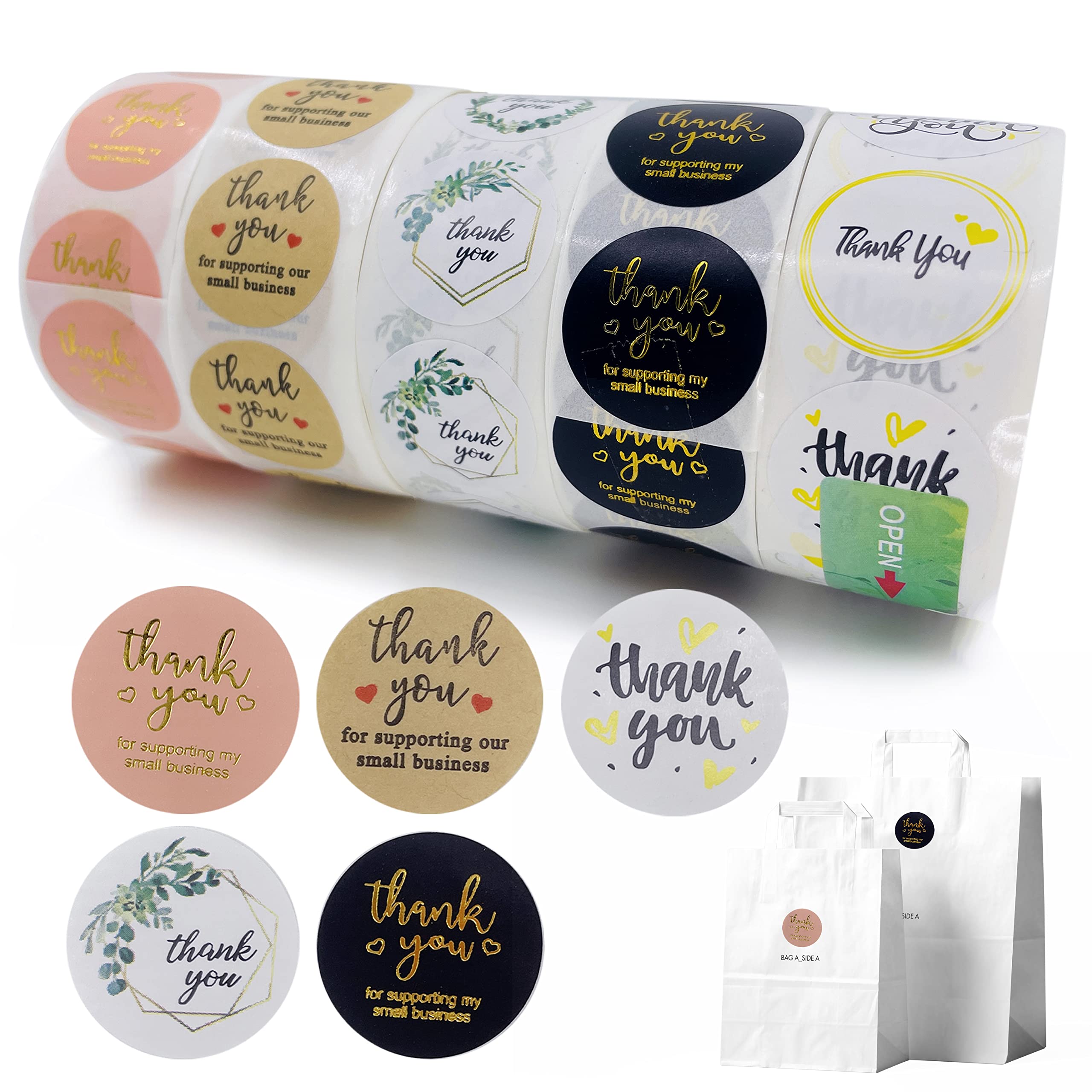 5 Rolls 2500 Pieces Thank You Stickers with 5 Design, Packaging for small business items, envelopes, gift wrap, crafts and bubble envelopes and more(1” Round Label)