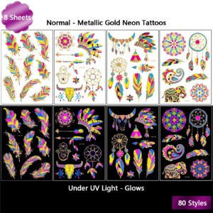 Neon Metallic Gold Temporary Tattoos Glow In The Dark UV Neon Tattoos Stickers 80 Glitter Styles Mandalas Feather Elephants Horns Party Decoration for Adults Kids