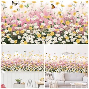 2 Sheets Yellow Daisies Flowers Wall Decals Small Fresh White Chrysanthemum Wall Stickers Pink Gypsophila Wall Art Murals for Baby Kids Girls Bedroom Living Room Corners Skirting Lines Waist Lines