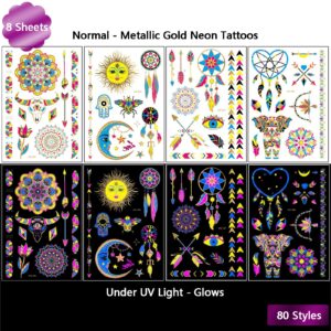 Neon Metallic Gold Temporary Tattoos Glow In The Dark UV Neon Tattoos Stickers 80 Glitter Styles Mandalas Feather Elephants Horns Party Decoration for Adults Kids