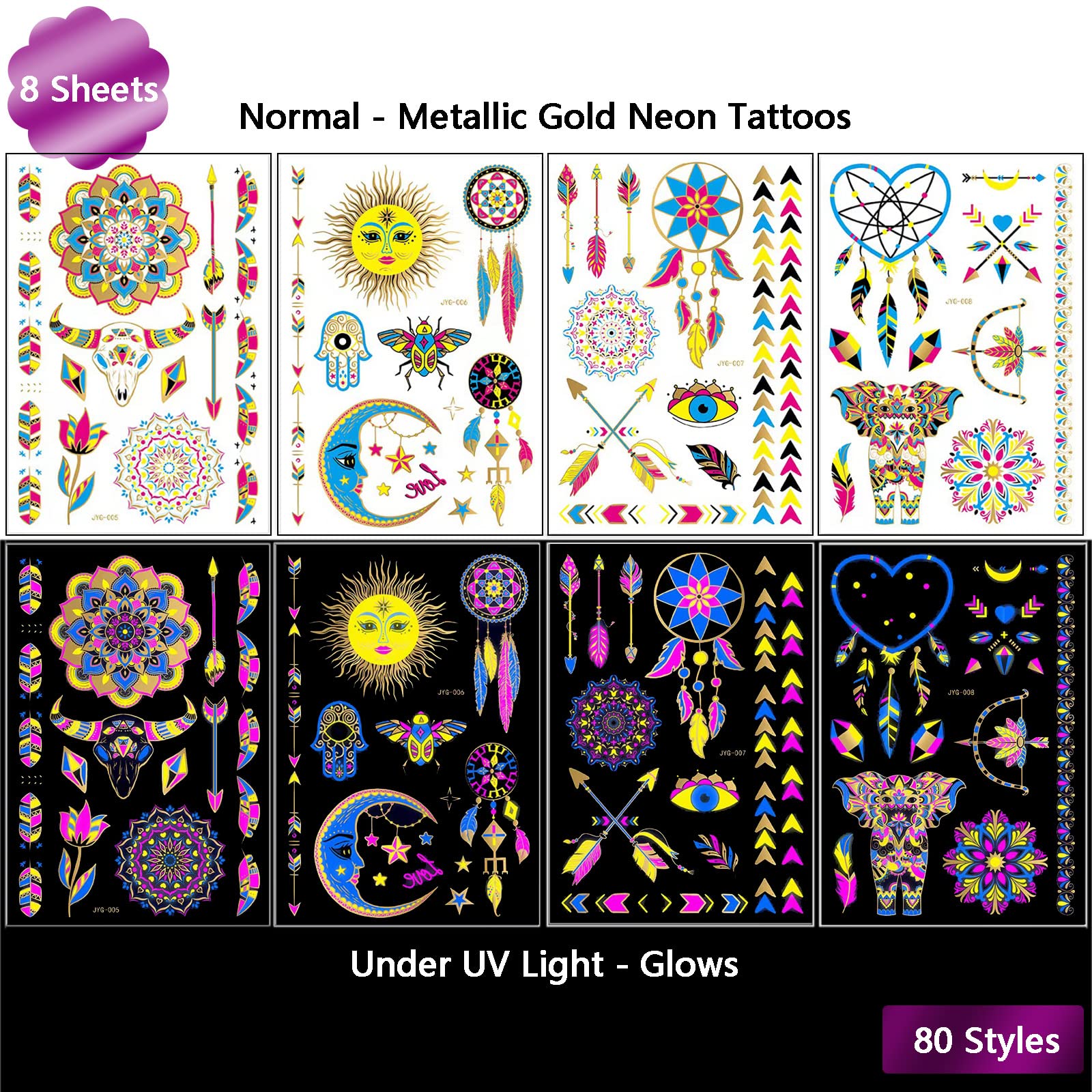 Neon Metallic Gold Temporary Tattoos Glow In The Dark UV Neon Tattoos Stickers 80 Glitter Styles Mandalas Feather Elephants Horns Party Decoration for Adults Kids