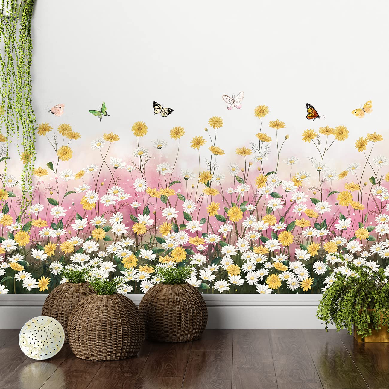 2 Sheets Yellow Daisies Flowers Wall Decals Small Fresh White Chrysanthemum Wall Stickers Pink Gypsophila Wall Art Murals for Baby Kids Girls Bedroom Living Room Corners Skirting Lines Waist Lines