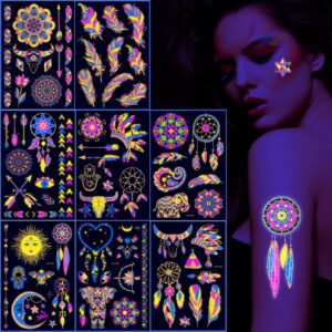 neon metallic gold temporary tattoos glow in the dark uv neon tattoos stickers 80 glitter styles mandalas feather elephants horns party decoration for adults kids