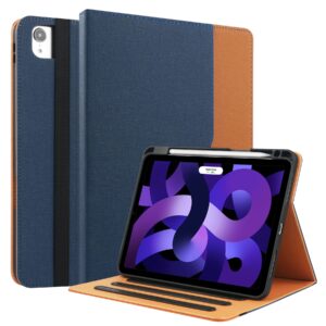 for ipad pro 11 inch case 2022/2021/2020/2018, for ipad 11 pro case 4th/3rd/2nd/1st generation w/pencil holder, folio stand protective cover, auto sleep/wake, multiple viewing angles, blue/brown