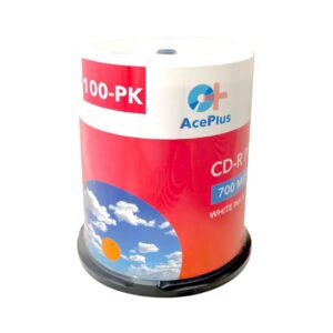 AcePlus 100 White Inkjet Hub-Printable CD-R Recordable Discs with 52x Recording Speed and 700 MBs of Data (100-pk Cakebox)