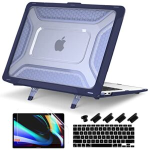 batianda protective case for macbook air 13 inch 2021 2020 release a2337 m1 a2179 a1932 with touch id,heavy duty honeycomb hard shell with slim tpu bumper and fold kickstand & keyboard cover,navy blue