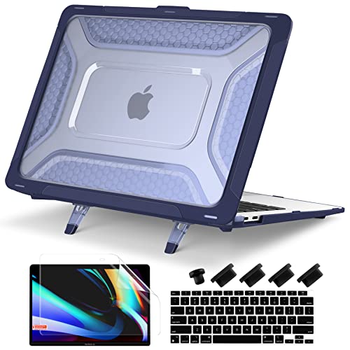 Batianda Protective Case for MacBook Air 13 inch 2021 2020 Release A2337 M1 A2179 A1932 with Touch ID,Heavy Duty Honeycomb Hard Shell with Slim TPU Bumper and Fold Kickstand & Keyboard Cover,Navy Blue