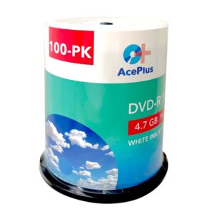 AcePlus 100 White Inkjet Printable DVD-R Recordable Discs with 16x Recording Speed and 4.7 GB of Data (100-pk Cakebox)