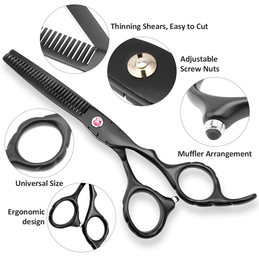 Professional Black Hair Cutting Scissors Sets Stainless Steel Barber Hairdressing Scissors Salon Multifunctional Thinning Scissors Straight Shears Tools for Mother Father Friends' Christmas Gift