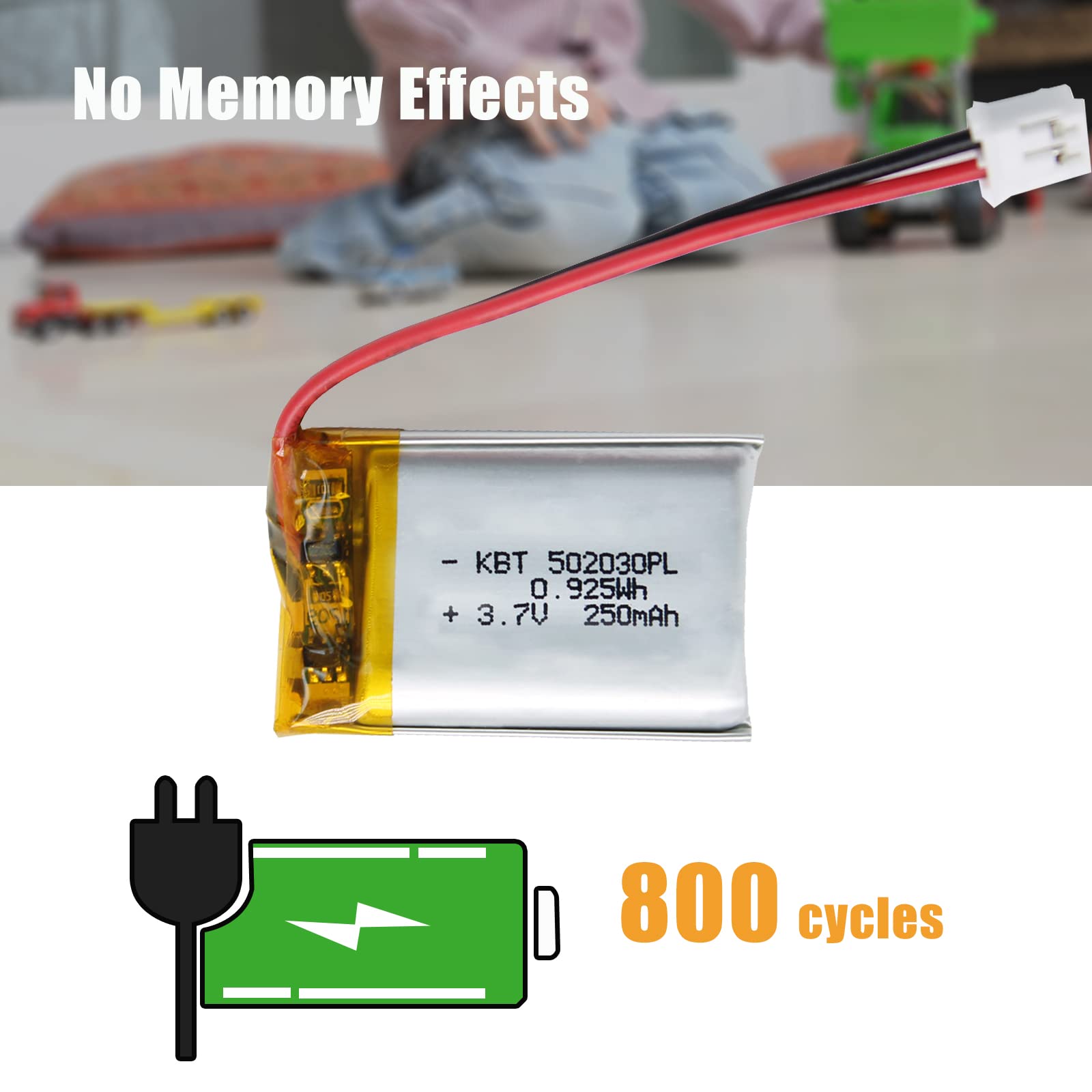 KBT 3.7V 250mAh Li-Polymer Battery:502030 Lipo Rechargeable Lithium-ion Replacement Batteries with PH2.0 2Pin JST Connector