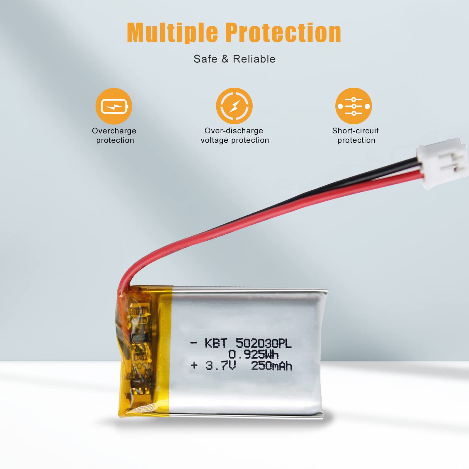 KBT 3.7V 250mAh Li-Polymer Battery:502030 Lipo Rechargeable Lithium-ion Replacement Batteries with PH2.0 2Pin JST Connector