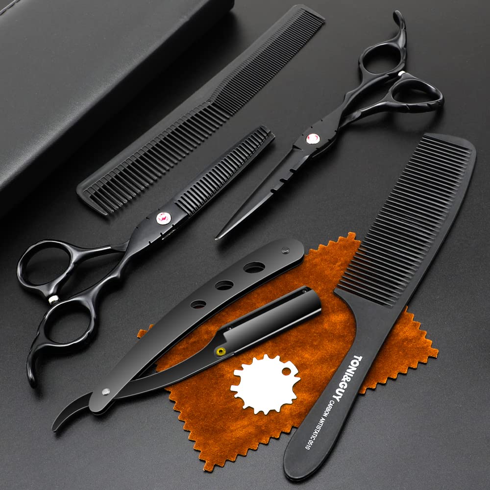 Professional Black Hair Cutting Scissors Sets Stainless Steel Barber Hairdressing Scissors Salon Multifunctional Thinning Scissors Straight Shears Tools for Mother Father Friends' Christmas Gift