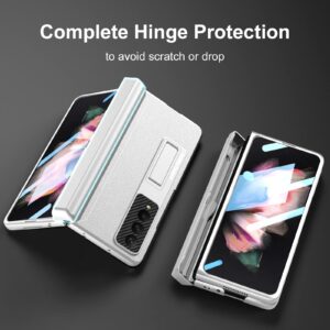 Libeagle [Updated Version] Compatible with Samsung Galaxy Z Fold 3 Case [Built in Hidden S Pen Holder to Avoid Pen Lost][Leather on Back][Screen Protector][Hinge Protection] Cover 5G 2021-Silver