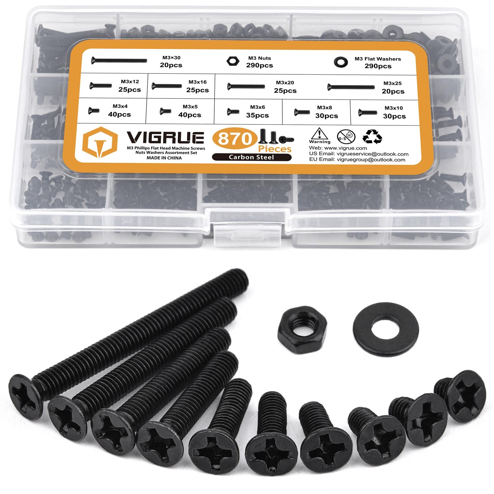 VIRGUE 870Pcs M3 Flat Head Phillips Machine Screws Black, M3 x 4/5/6/8/10/12/16/20/25/30mm Countersunk Metric Machine Screws Assortment Kit