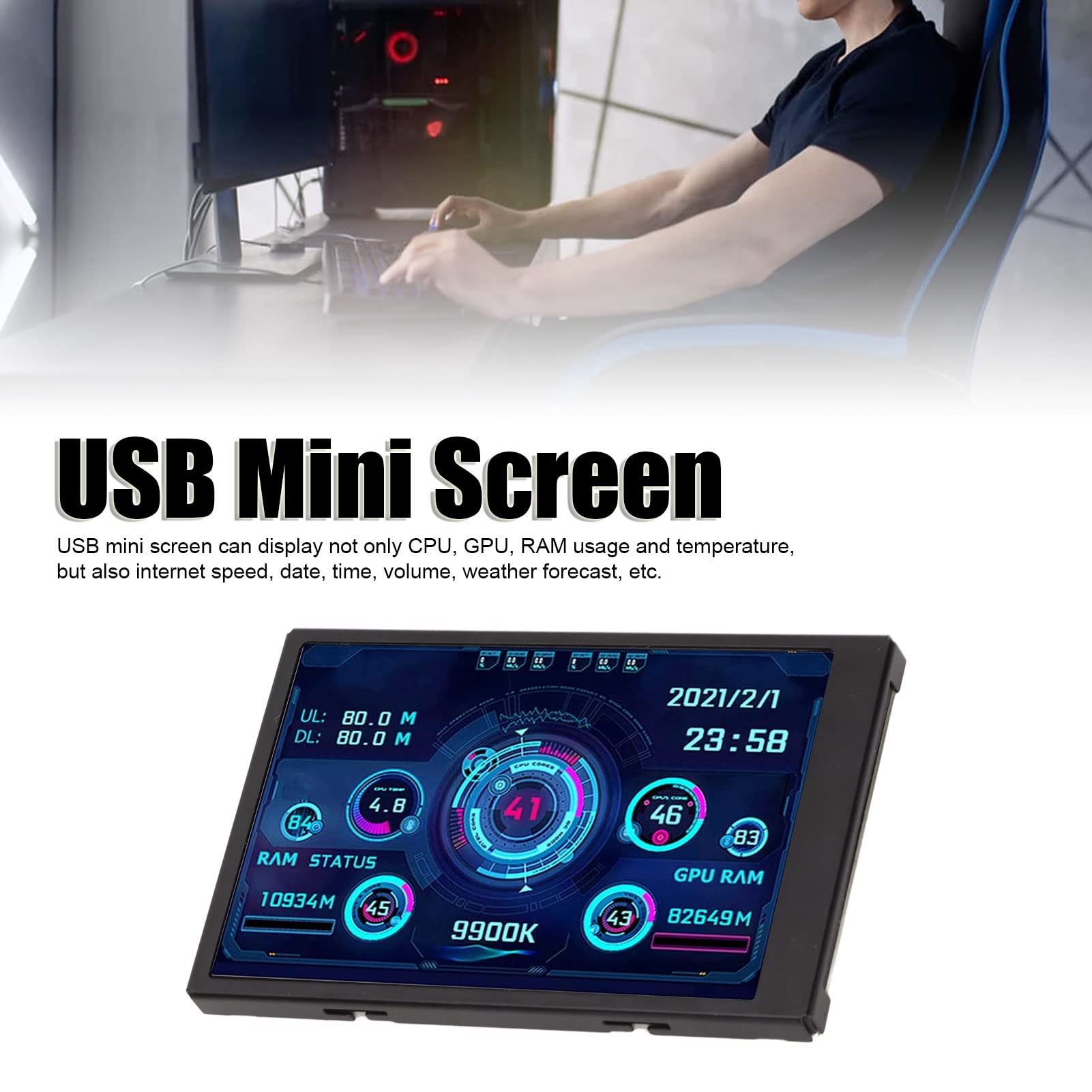 CPU Hardware Temperature Monitor, 3.5 Inch IPS USB Mini Screen CPU GPU HDD Data Display, 360° Rotation Type C Sub Screen, for Computer Case