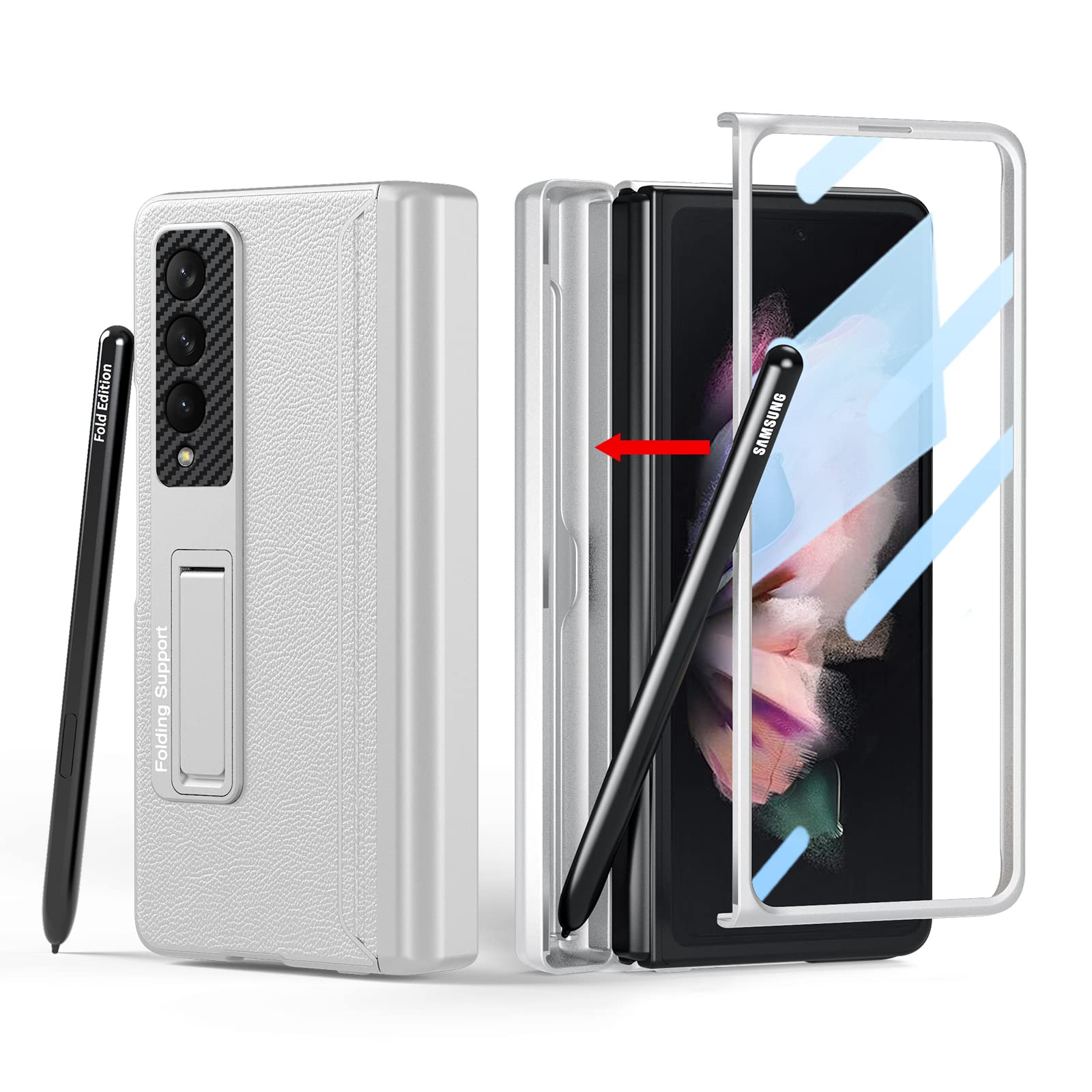 Libeagle [Updated Version] Compatible with Samsung Galaxy Z Fold 3 Case [Built in Hidden S Pen Holder to Avoid Pen Lost][Leather on Back][Screen Protector][Hinge Protection] Cover 5G 2021-Silver