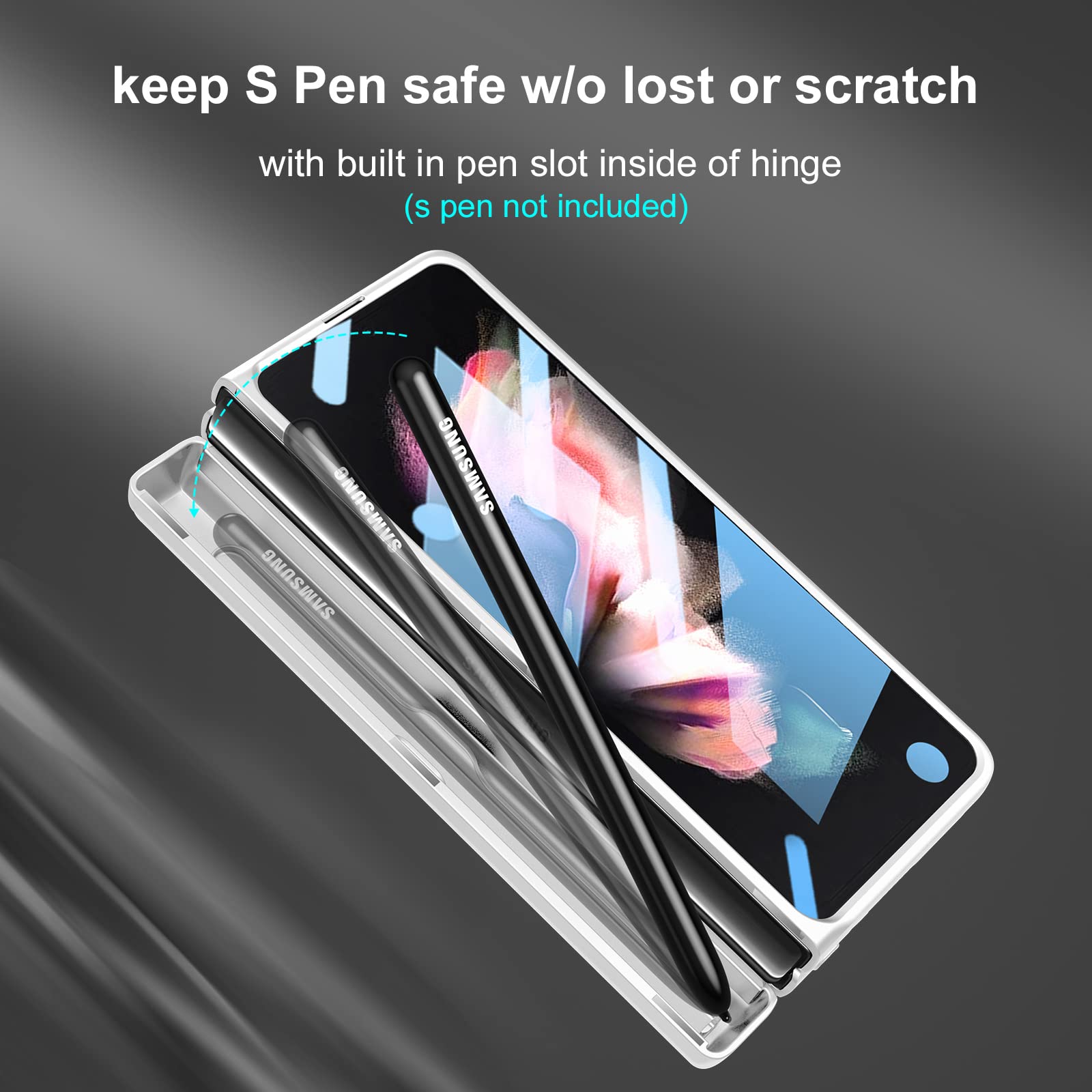 Libeagle [Updated Version] Compatible with Samsung Galaxy Z Fold 3 Case [Built in Hidden S Pen Holder to Avoid Pen Lost][Leather on Back][Screen Protector][Hinge Protection] Cover 5G 2021-Silver