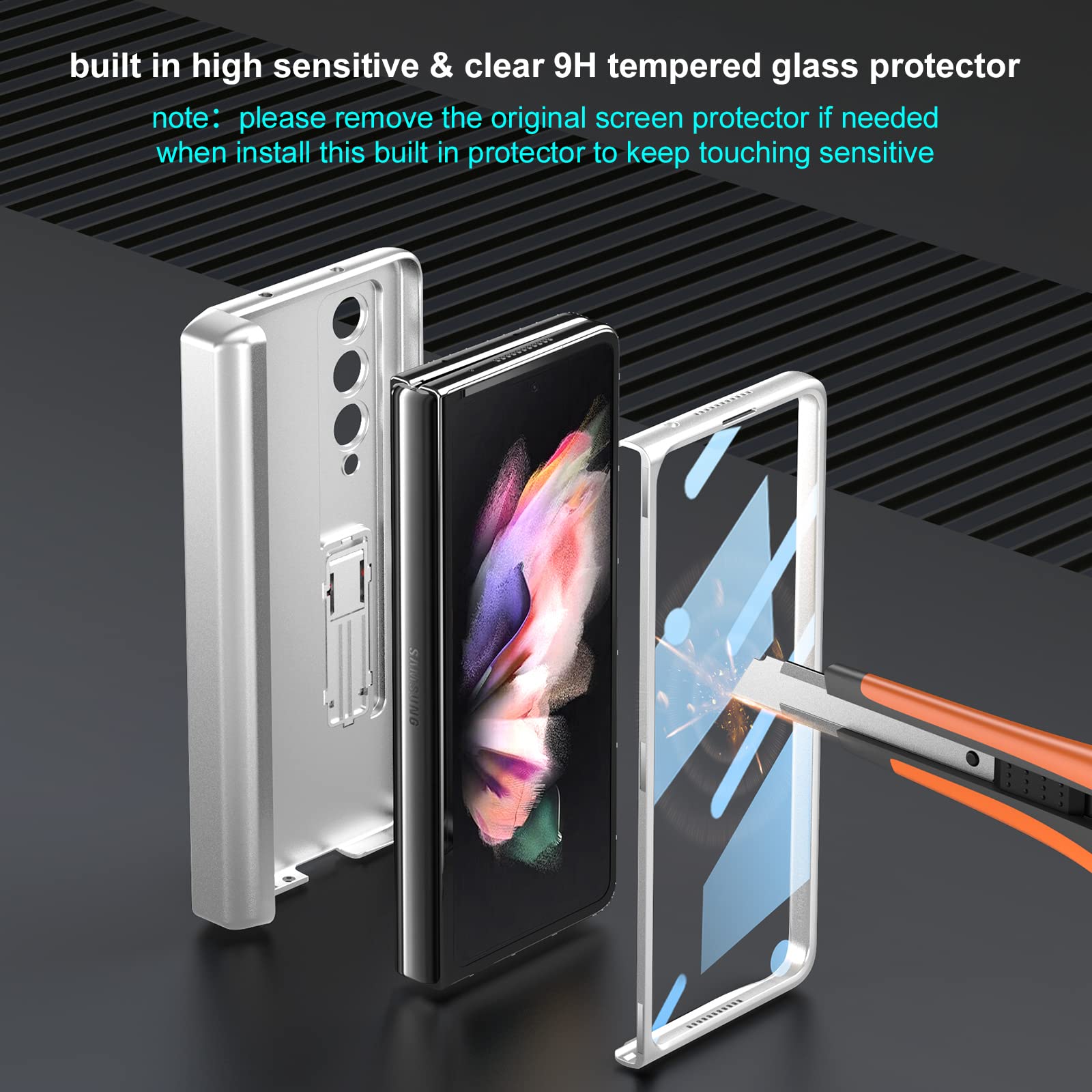 Libeagle [Updated Version] Compatible with Samsung Galaxy Z Fold 3 Case [Built in Hidden S Pen Holder to Avoid Pen Lost][Leather on Back][Screen Protector][Hinge Protection] Cover 5G 2021-Silver