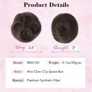 REECHO 2 PCS Mini Claw Clip in Messy & Cat Ears Hair Bun Extensions HB001 Wig Accessory Updo Hairpieces for Women Girls (Pack of 2-3.5" Wavy, Dark Brown with Copper Highlights)