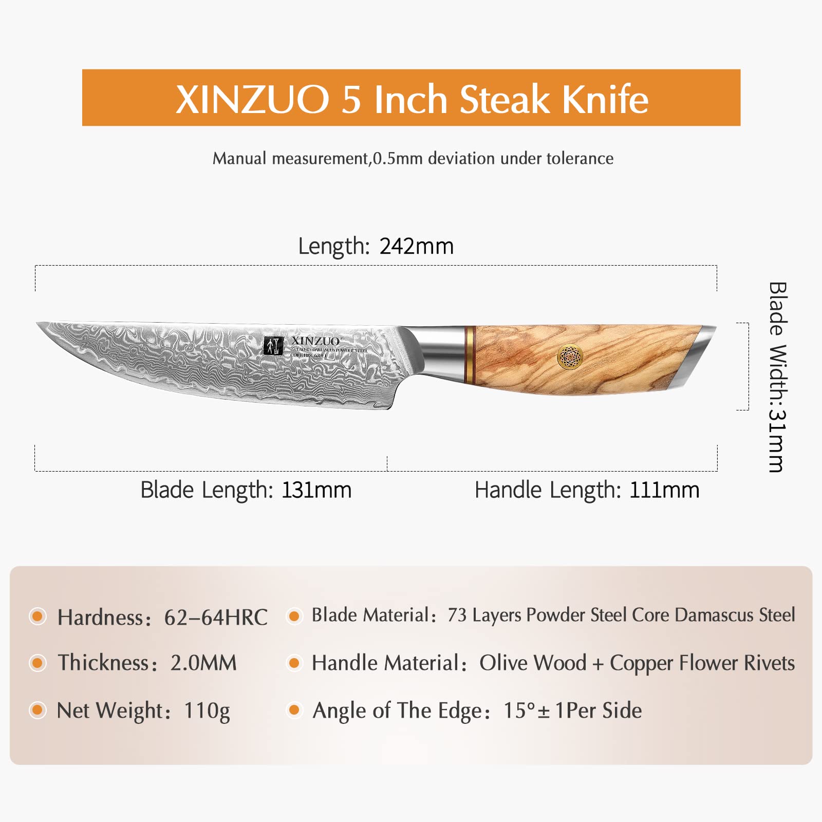 XINZUO Steak Knife Set of 4, Damascus Powder Steel Kitchen Steak Knife Set, Non Serrated Steak Knives, Razor-Sharp Dinner knives with Gift Box, Kitchen Table Knife with Olive Wood Handle-Lan Series