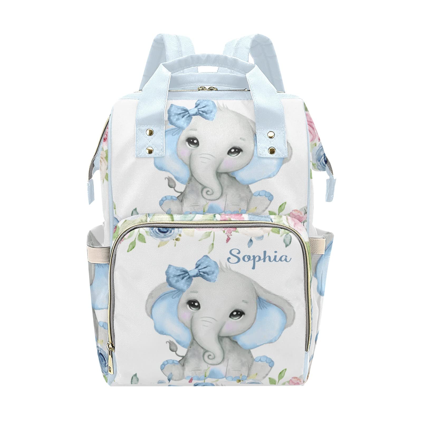 Blue Pink Flowers Roses Elephant Personalized Diaper Backpack with Name,Custom Travel DayPack for Nappy Mommy Nursing Baby Bag One Size