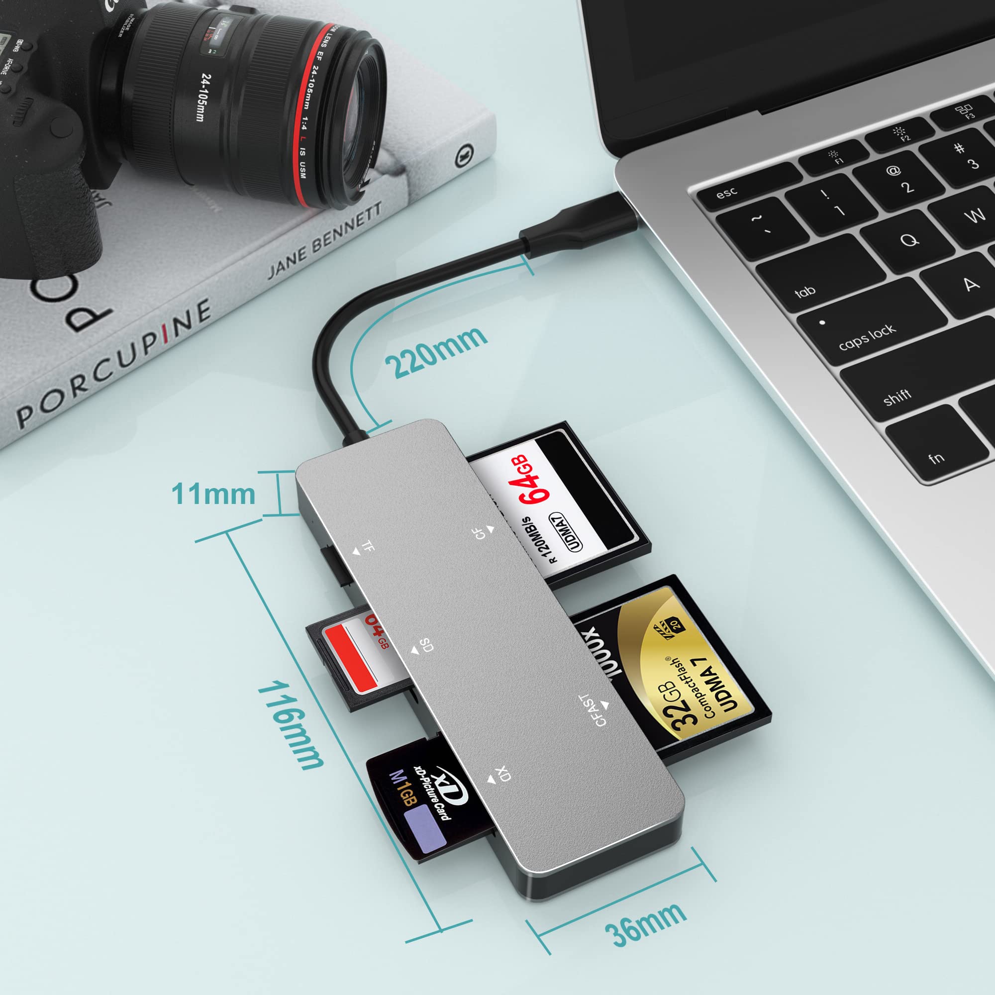 CFast Card Reader, USB C CFast 2.0 Card Reader, Type-C 3.0 5Gbs CFast Memory Card Adapter for SanDisk, Lexar, Transcend, Sony Card, Read CFast/TF/SD/XD/CF 5 Cards Simultaneously