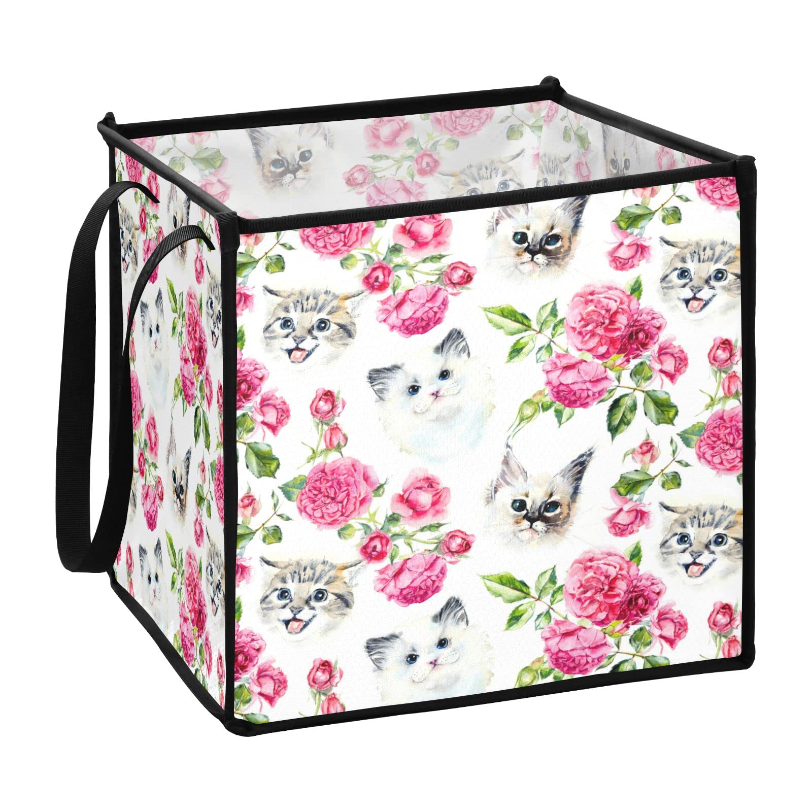 Roses Cats Storage Bin Collapsible Toy Storage Basket Cube Laundry Basket Waterproof Nursery Hamper with Handles for Nursery Kids Girls Bedroom Boys Clothes Laundry Decor