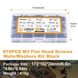 VIRGUE 870Pcs M3 Flat Head Phillips Machine Screws Black, M3 x 4/5/6/8/10/12/16/20/25/30mm Countersunk Metric Machine Screws Assortment Kit