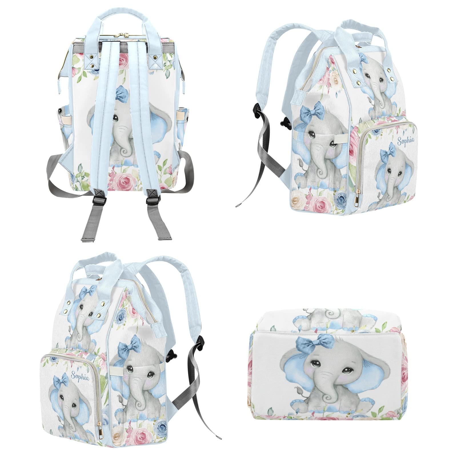 Blue Pink Flowers Roses Elephant Personalized Diaper Backpack with Name,Custom Travel DayPack for Nappy Mommy Nursing Baby Bag One Size