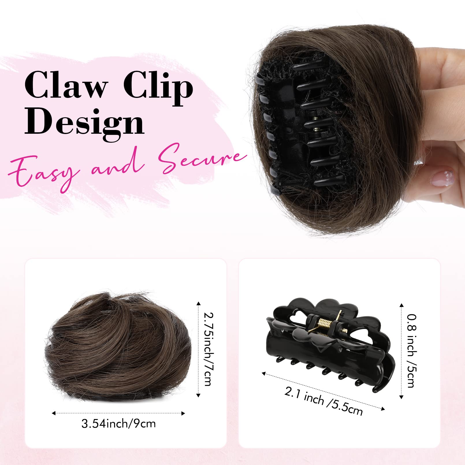 REECHO 2 PCS Mini Claw Clip in Messy & Cat Ears Hair Bun Extensions HB001 Wig Accessory Updo Hairpieces for Women Girls (Pack of 2-3.5" Wavy, Dark Brown with Copper Highlights)