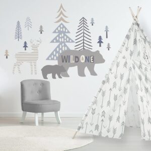 Levtex Baby - Logan Resuable Wall Decal - Bears, Deer, Trees - Grey, Taupe, Navy, Blue - Nursery Accessories - Size: 36 x 33 in.