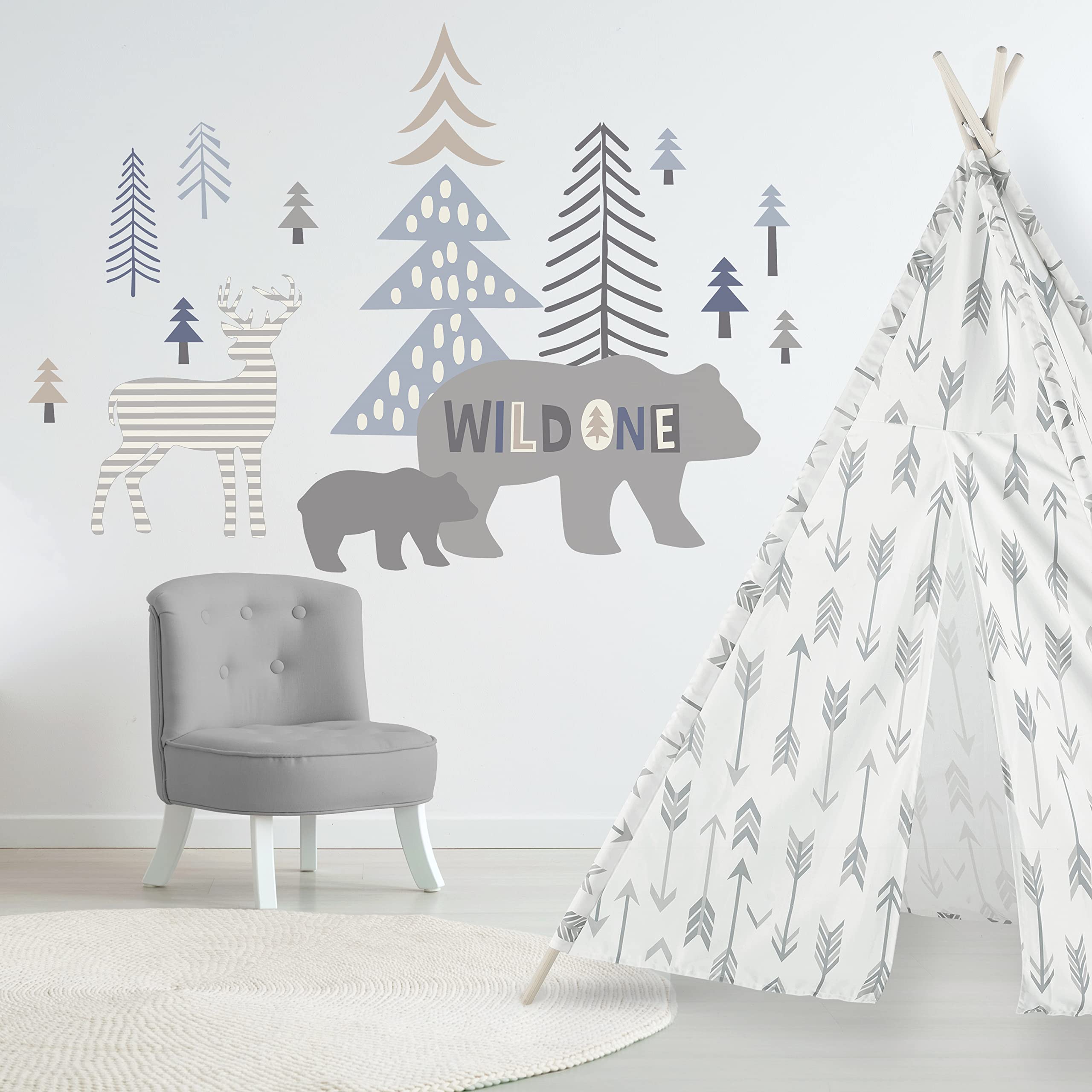 Levtex Baby - Logan Resuable Wall Decal - Bears, Deer, Trees - Grey, Taupe, Navy, Blue - Nursery Accessories - Size: 36 x 33 in.