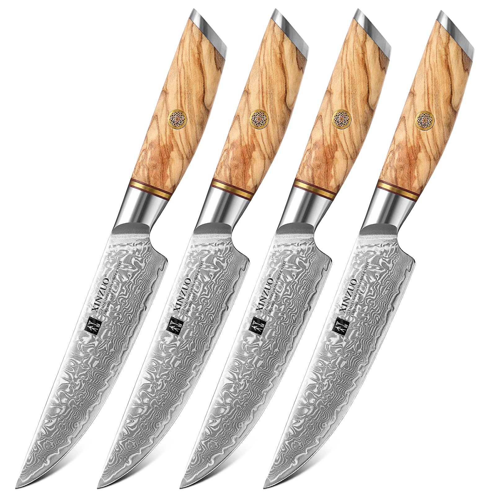 XINZUO Steak Knife Set of 4, Damascus Powder Steel Kitchen Steak Knife Set, Non Serrated Steak Knives, Razor-Sharp Dinner knives with Gift Box, Kitchen Table Knife with Olive Wood Handle-Lan Series