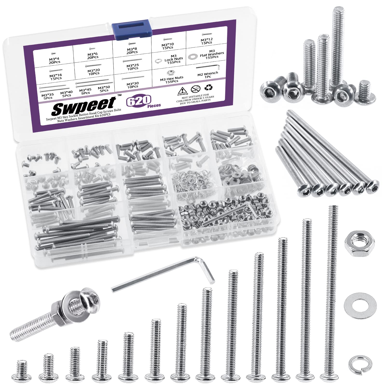 Swpeet 621Pcs M3 Metric 304 Stainless Steel Button Head Hex Socket Head Cap Bolts Screws Nuts and Hex Nuts with Flat Washers and Split Lock Washers Assortment Kit, Screws Nuts Washers All Included