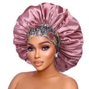 Silk Satin Bonnet Hair Cap: 2pcs 17inch Diameter Extra Large Jumbo Sleeping Satin Bonnets with Comfortable Flower Band - High Density Satin Bonnets for Women Braids Curly Night Cap (Black & Rosegold)