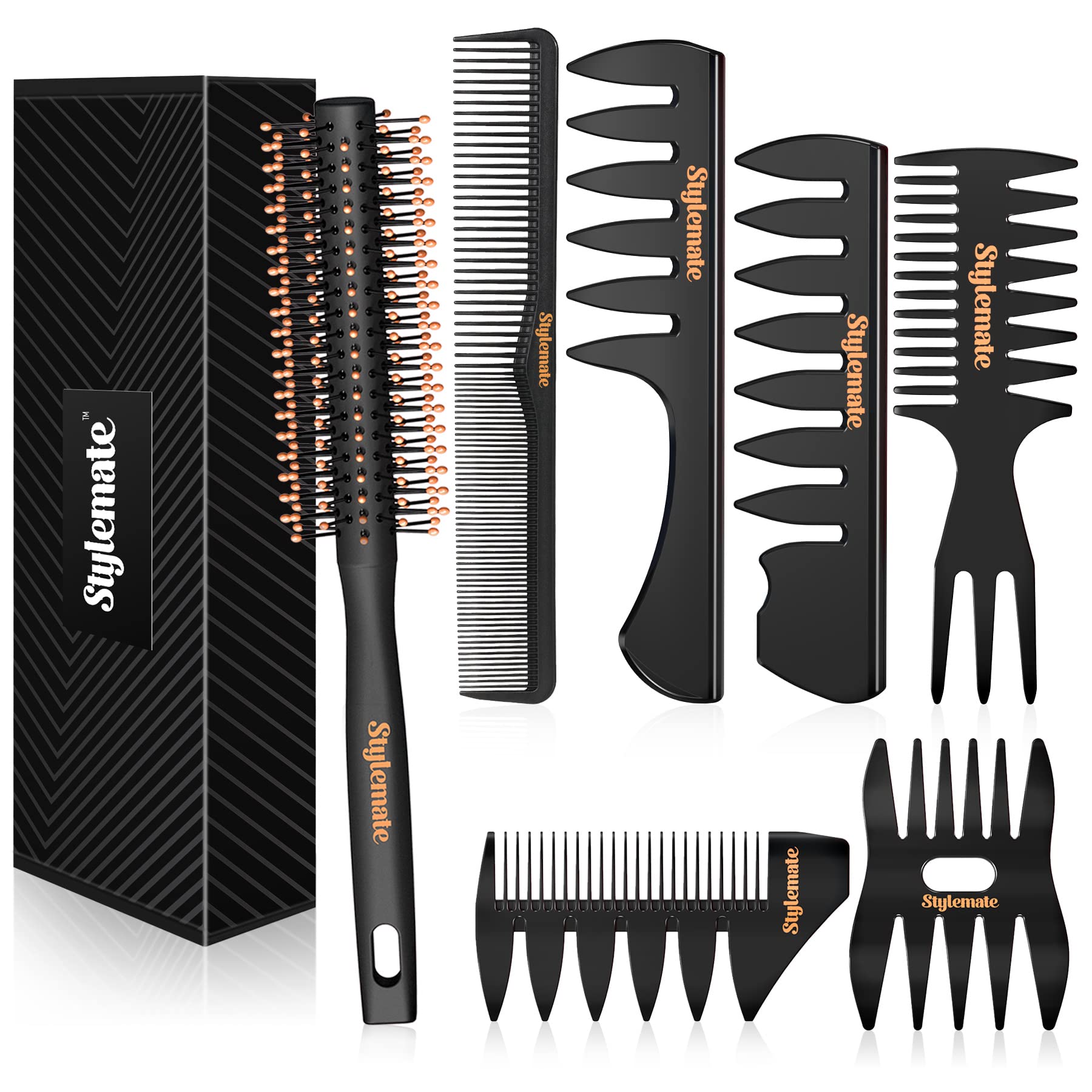 Stylemate Men's Hair Styling Combs and Brush Set - Roller Brush for Adding Volume, Pompadour, Slicked-back, Fauxhawk, Undercut Styling Combs