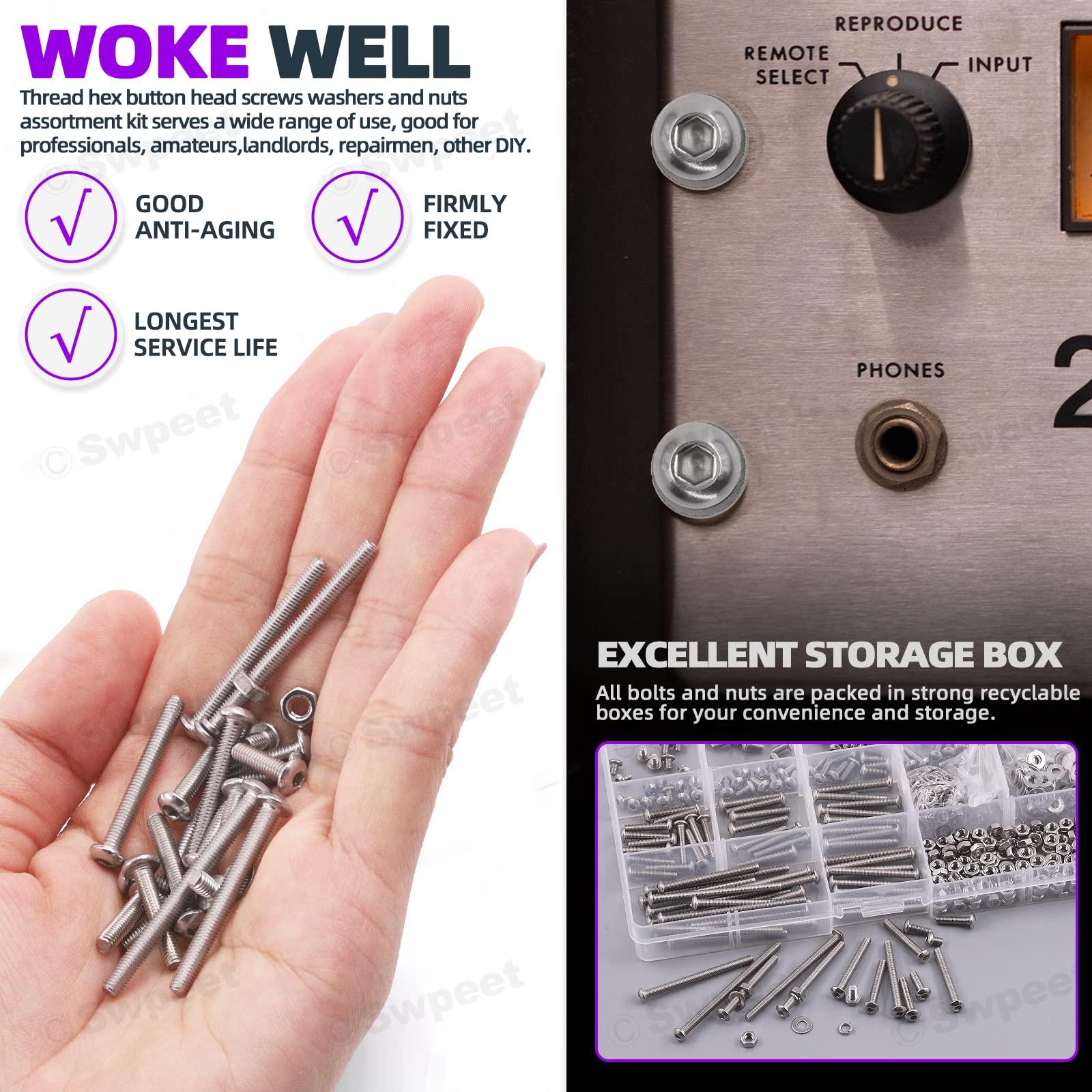 Swpeet 621Pcs M3 Metric 304 Stainless Steel Button Head Hex Socket Head Cap Bolts Screws Nuts and Hex Nuts with Flat Washers and Split Lock Washers Assortment Kit, Screws Nuts Washers All Included