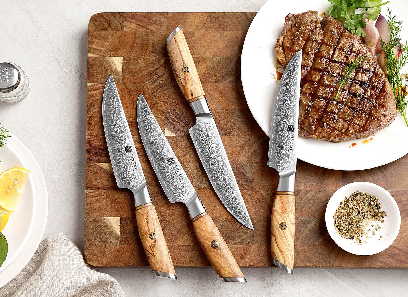 XINZUO Steak Knife Set of 4, Damascus Powder Steel Kitchen Steak Knife Set, Non Serrated Steak Knives, Razor-Sharp Dinner knives with Gift Box, Kitchen Table Knife with Olive Wood Handle-Lan Series